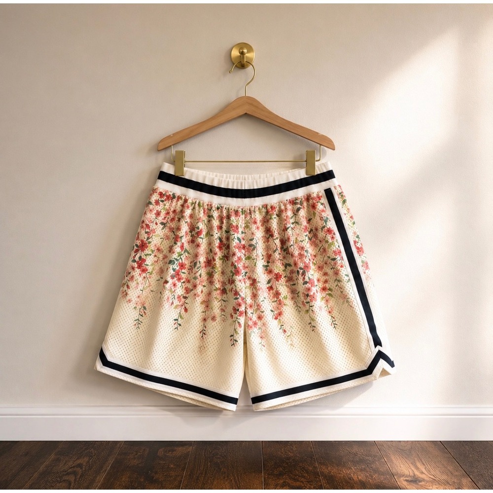 John Elliott Cherry Blossom Mesh Basketball Shorts Cream Floral Mens Size 2 M